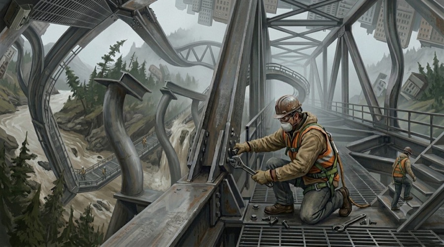 Essay artwork: an ironworker bolting together a tangle of twisting steel bridges