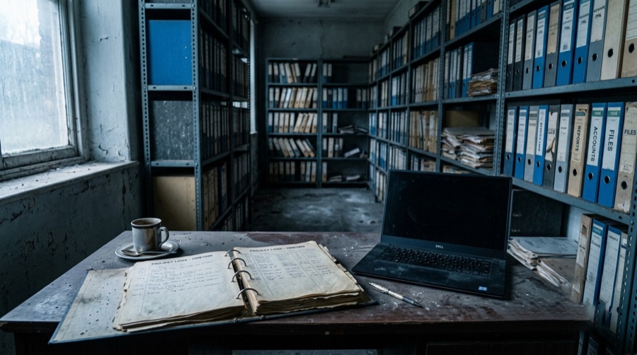 Essay artwork: a dim archive room lined with dusty binders, an open ring-binder ledger and a laptop on the desk